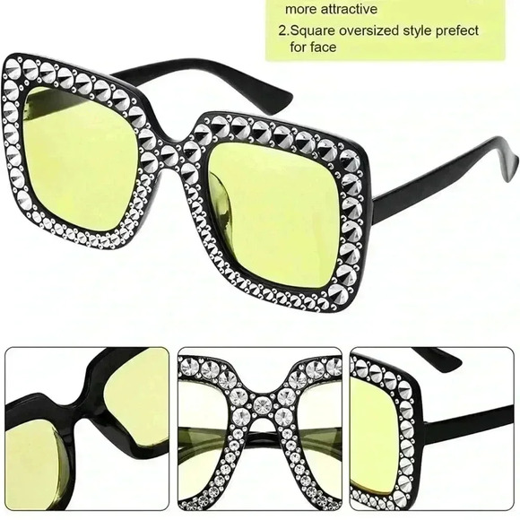 1 Pair of Crystal Oversized Sunglasses Square Diamond Sunglasses - Picture 4 of 6